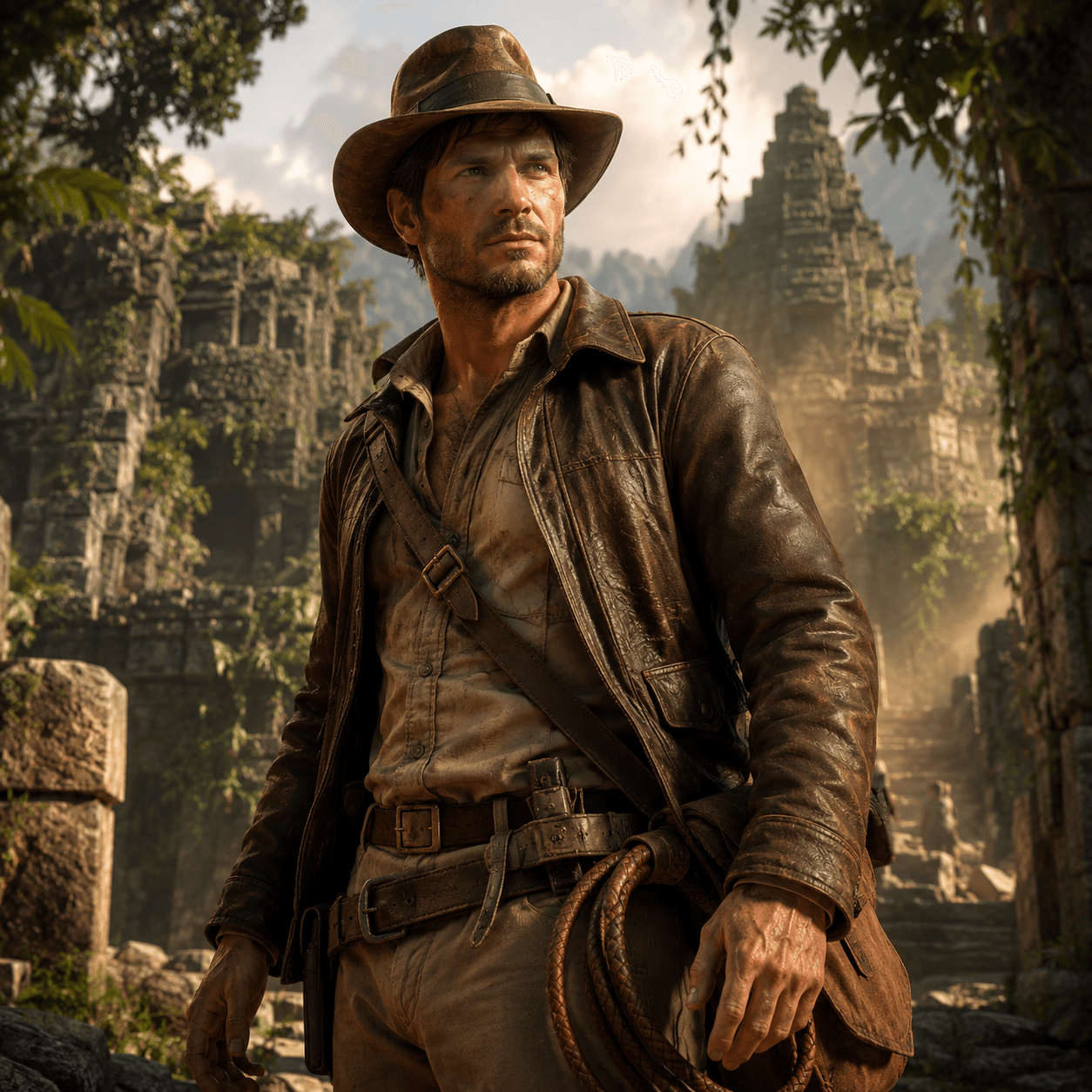 Generated cinematic game hero: an adventurer in ruins