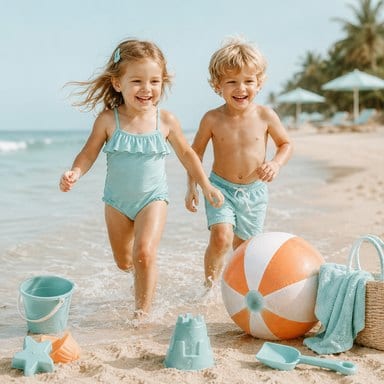Two children running on a tropical beach with a beach ball