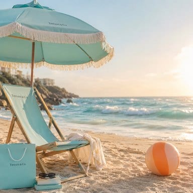 Turquoise beach umbrella and lounge chair at golden hour