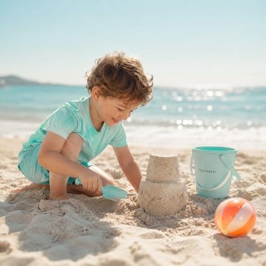 Child building a sandcastle by the shore