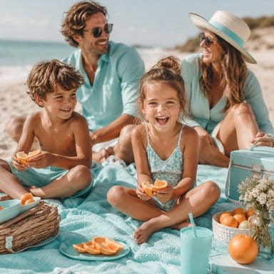 Family having a beach picnic on a turquoise blanket