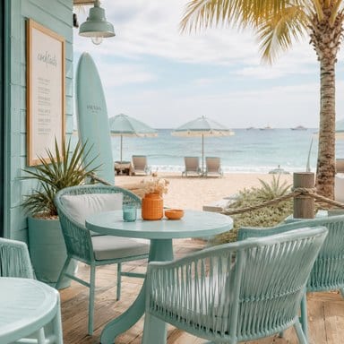 Seaside terrace with turquoise chairs and ocean view