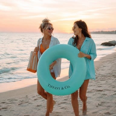 Two women walking the beach at sunset with a swim ring