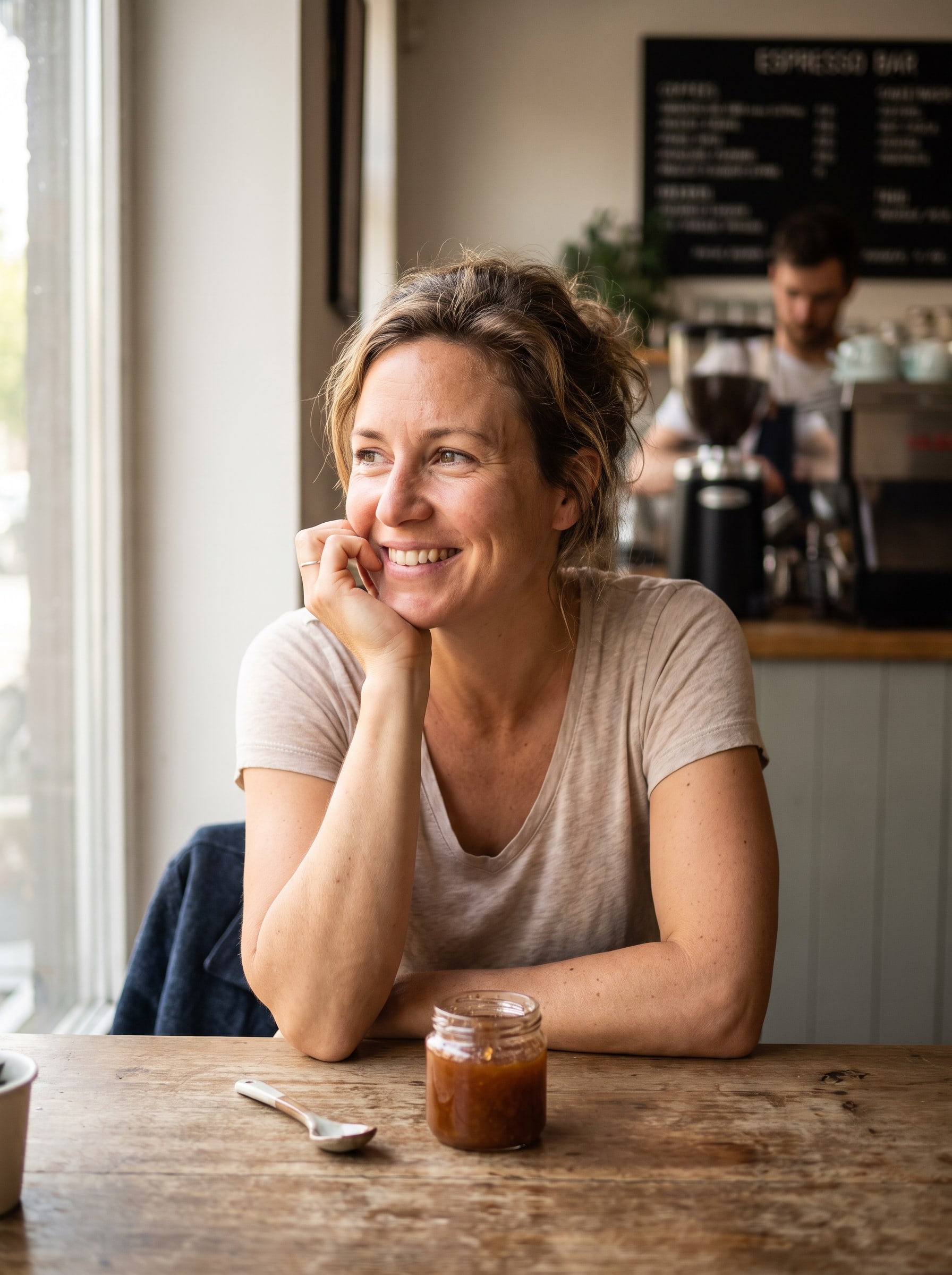 Smiling woman resting her chin on her hand in a café