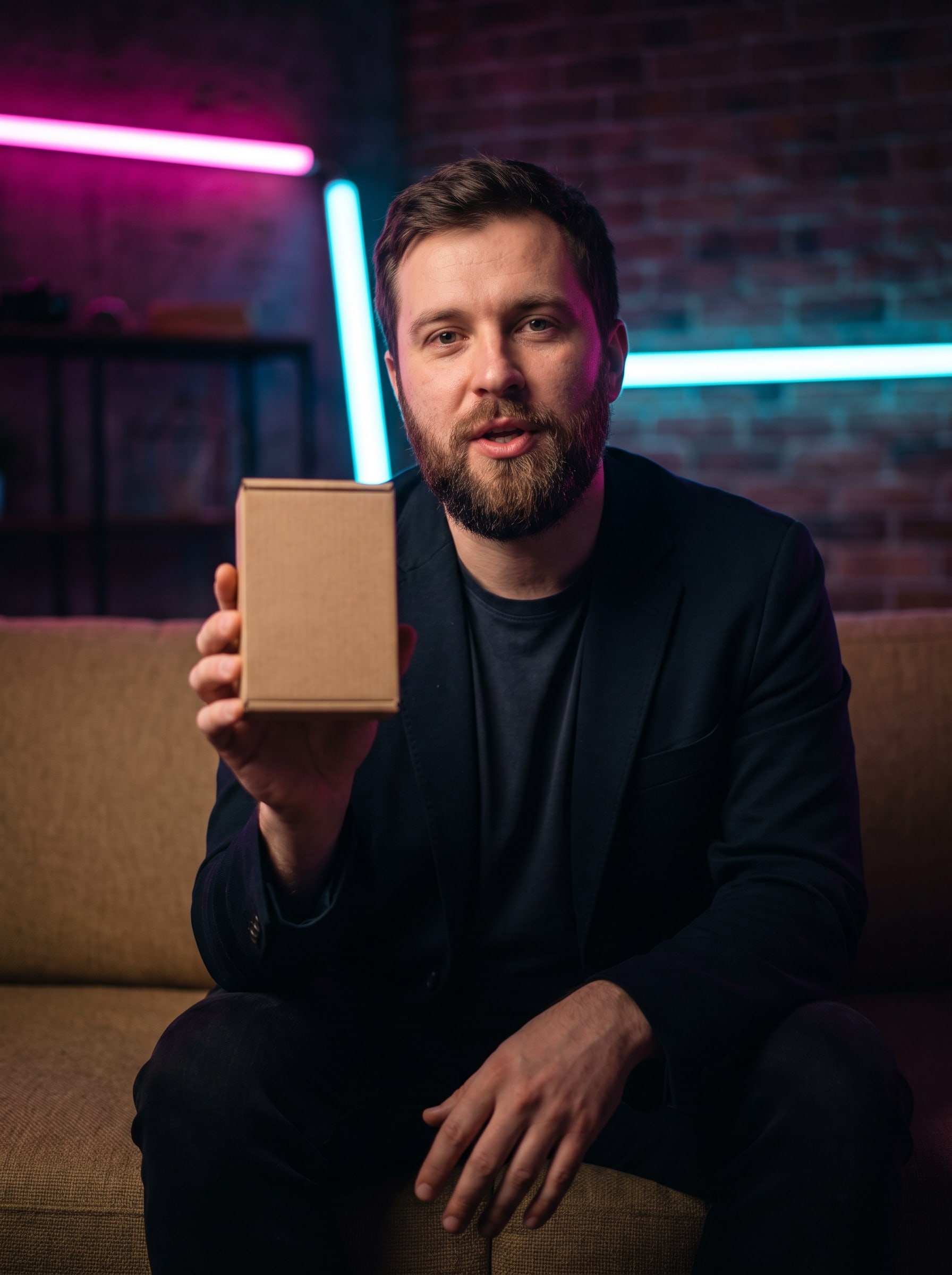Bearded man holding a product up to camera in a neon-lit room