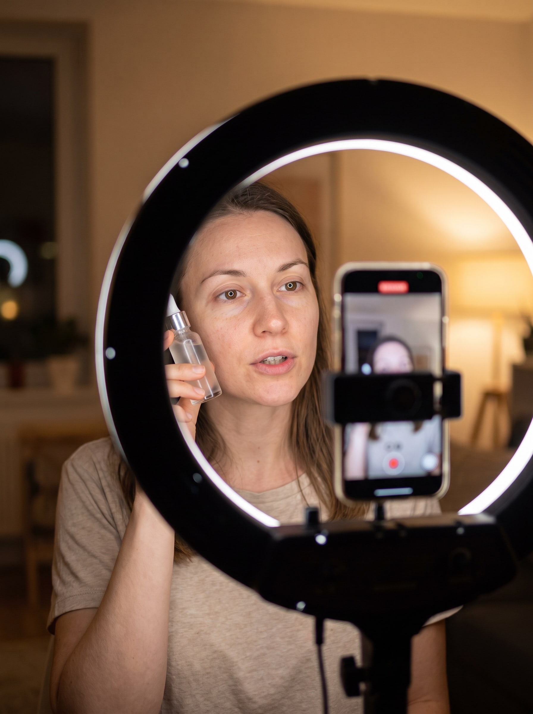 Woman filming a product through a ring light