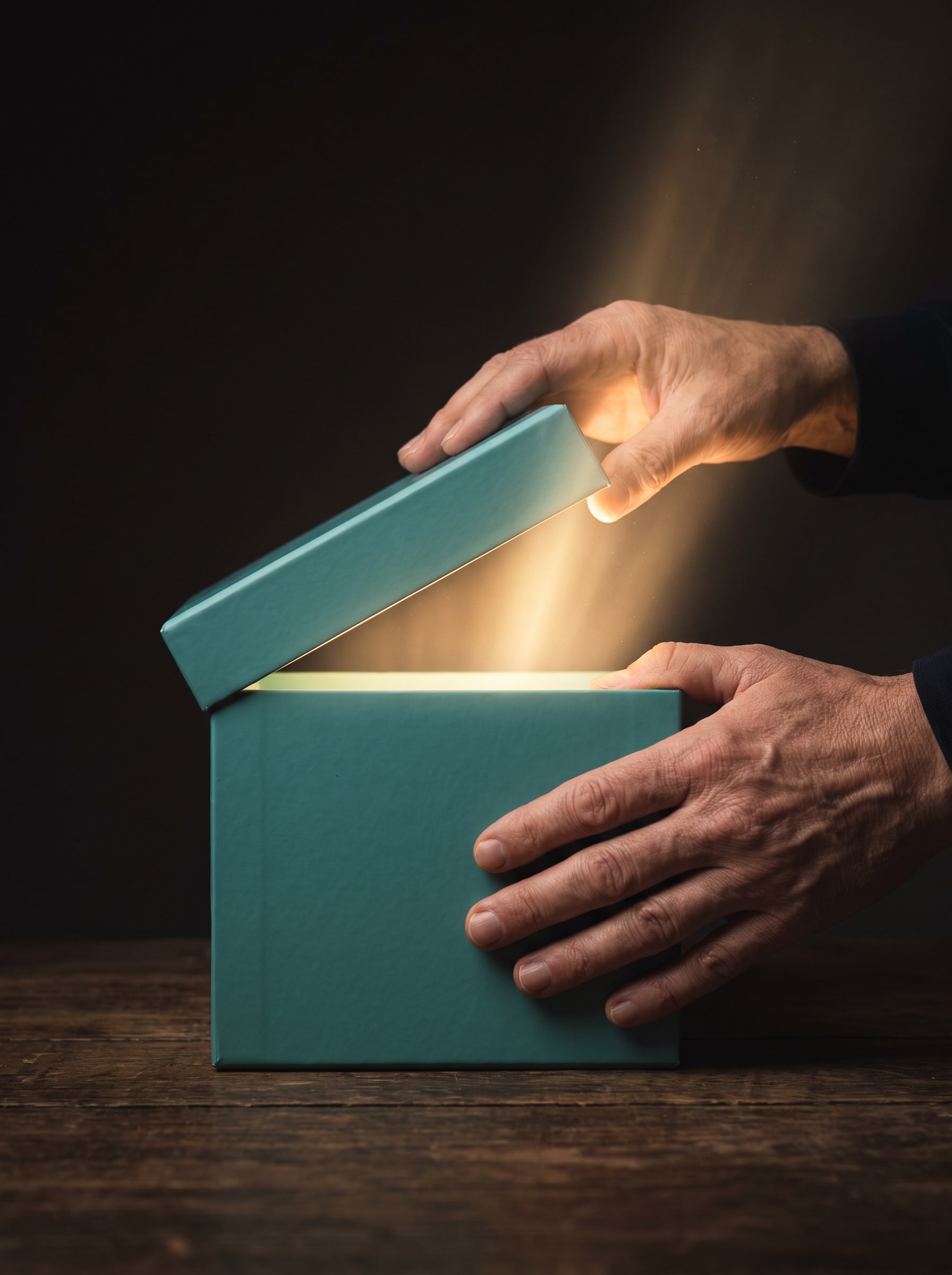 Hands opening a teal gift box with a beam of light